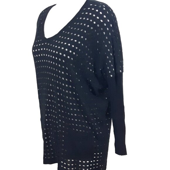 Womens M Sweater Black Gray Open Knit Ribbed Pockets Lagenlook Goth Avant Garde - Picture 3 of 5